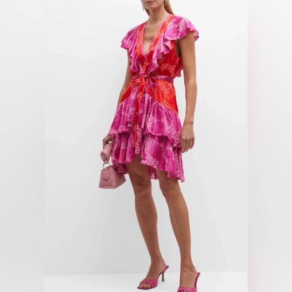 Le Superbe Lil Flirt Dress Aura Pink Orange Floral Ruffle Mini Dress Size 8